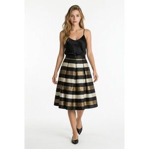 Eliza J‎ Metallic Gold Black Striped Pleated Midi Skirt Size 6 Holiday Party